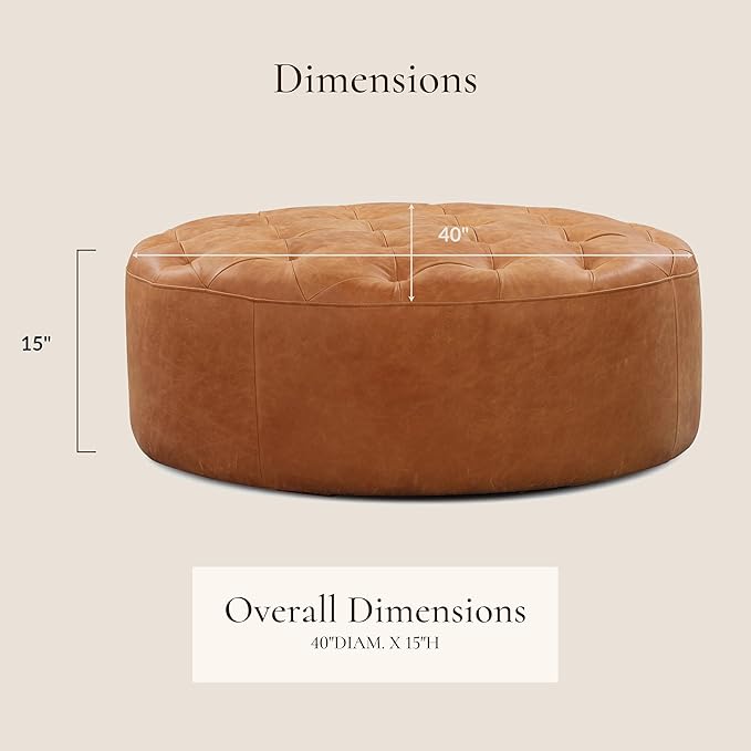 POLY & BARK Ascot Ottoman – 40" Round Pouf with Feather-Down Topper – Full-Grain Leather Upholstered Pouf Ottoman for Living Room – Vintage Italian Leather in Cognac Tan