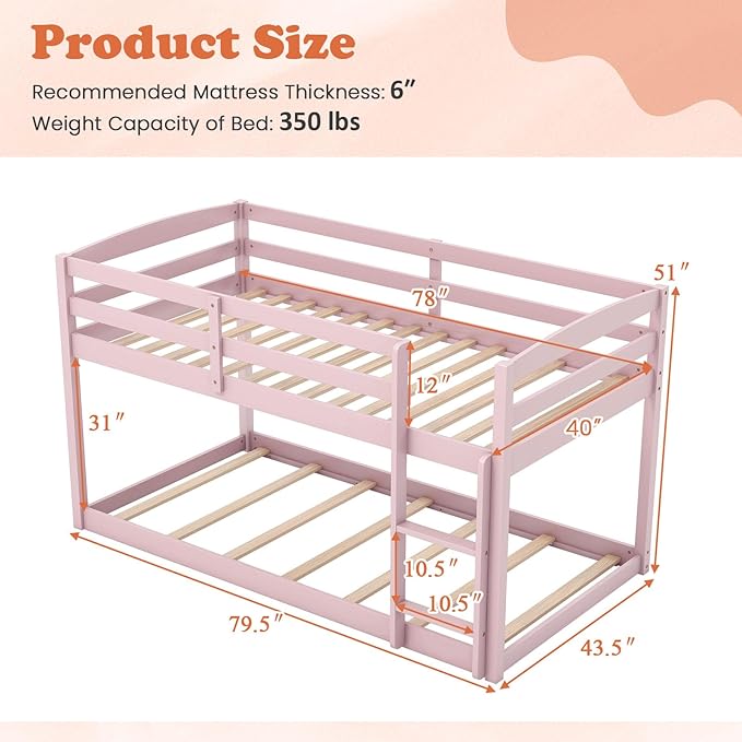 KOMFOTT Low Bunk Bed Twin Over Twin, Solid Wood Twin Bed Frame with Built-in Ladder & Safety Guardrails, Space-Saving Low Bunk Bed for Kids, Teens, No Box Spring Needed