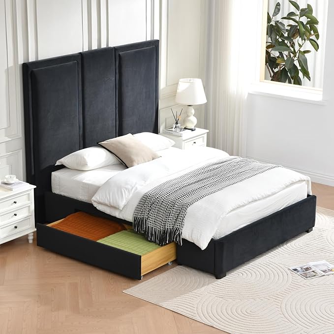 YUHUASHI Queen Size Bed Frame with 64-inch High Headboard, Simple and Airy Linen Upholstered Platform Bed with Storage Drawers, Wood Slat, No Noise (Ink Blue, Queen)