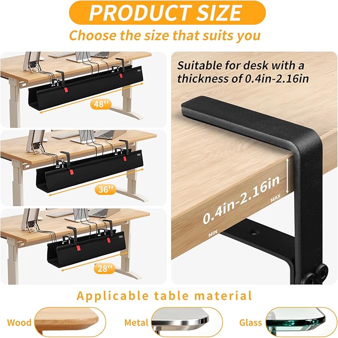 No Drill Under Desk Cable Management Tray, 28" Cord Organizer with Clamp, Fabric Cable Management for Standing Desks, Ideal for Home & Office - Black