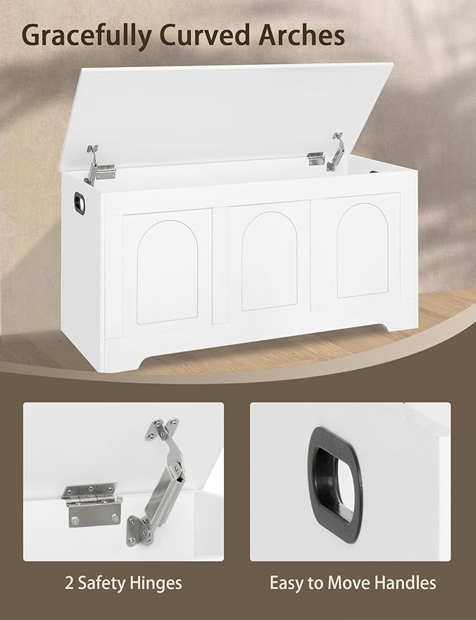 DINZI LVJ Storage Chest, 39.4” Wooden Toy Box with 2 Safety Hinges, Entryway Shoe Bench with Flip-Top, Sturdy Large Storage Trunk for Living Room, Bedroom, Playroom, Easy Assembly, White