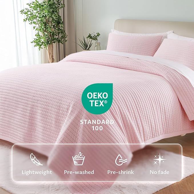 KASENTEX King Quilt Set 104"x90" – Soft Washed 3-Layer Lightweight Bedspread, Minimalist Nordic Design, All-Season Spring & Summer Quilt Set (1 Quilt + 2 Pillow Shams), Pink