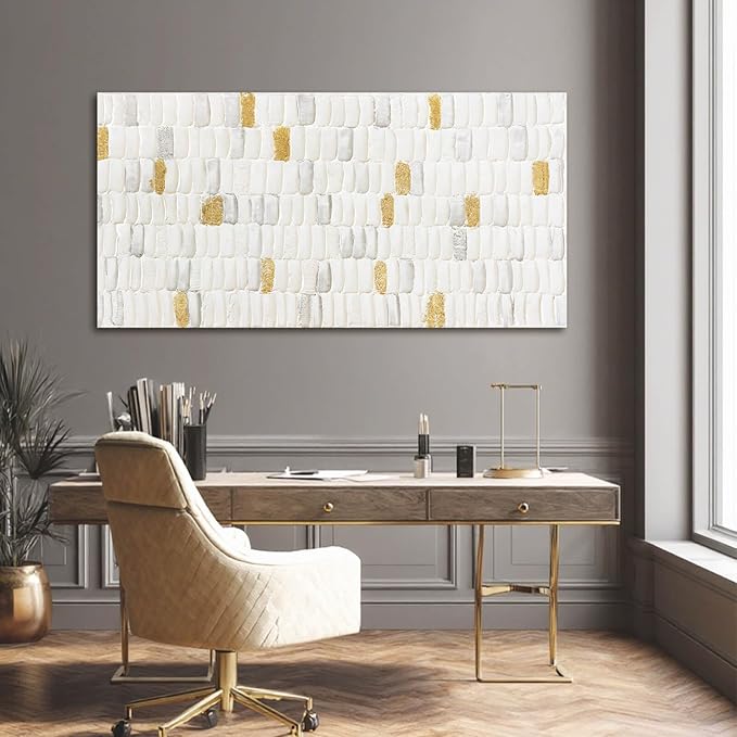 YETHEN WAL White and Gold Abstract Wall Art, Textured Geometric Canvas Painting, Neutral Modern Minimalist Wall Decor for Living Room Bedroom Office 20x40 Inch