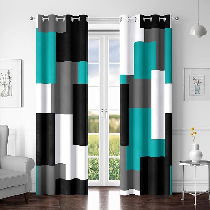 Teal/Turquoise 100% Blackout Curtains for Bedroom 84 inch Length 2 Panels Set Black White Grey Modern Abstract Geometric Black Out Curtains Room Darkening Window Drapes for Living Room, 52Wx84L