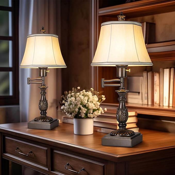 Scenekoy 23.5" High Rustic Traditional 350° Adjustable Swing Arm Table Lamp Set of 2 with USB A+C Ports Brown Finish Cream Shade Vintage Nightstand lamp for Living Room Bedroom Office (Bulb Included)