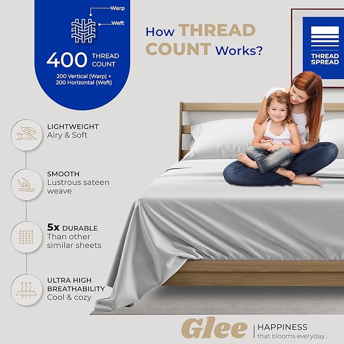 THREAD SPREAD Twin XL Sheets Set Egyptian Cotton - 400 Thread Count 100% Cotton Twin XL Sheet Set, 3 PC Twin XL Sheet, Cooling & Luxury Sateen Sheets, 16" Deep Pocket Extra Soft Cotton Sheets (Silver)