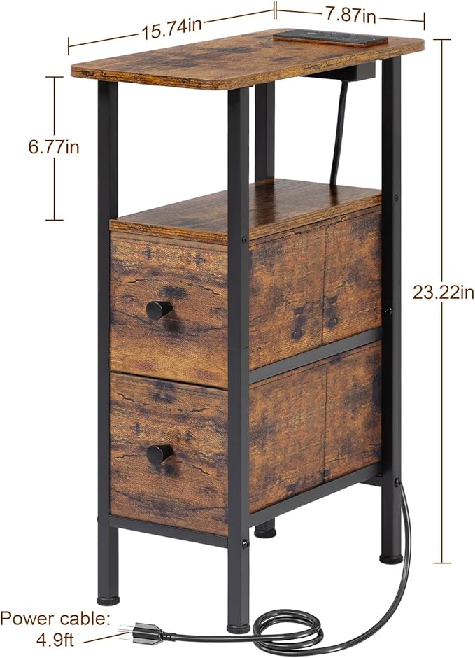 LOAKEKEL Narrow End Table Living Room with Charging Station, Skinny Side Table with Fabric Drawers, Slim LED Nightstand for Bedroom, Small Spaces, Couch, Rustic Brown, HETNDP02LPBR-1