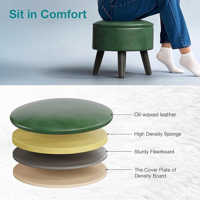 FIMIVIBI Small Foot Stool Ottoman with Storage, Faux Leather Ottoman Foot Rest for Couch, Round Footstool Ottomans for Living Room (Green)