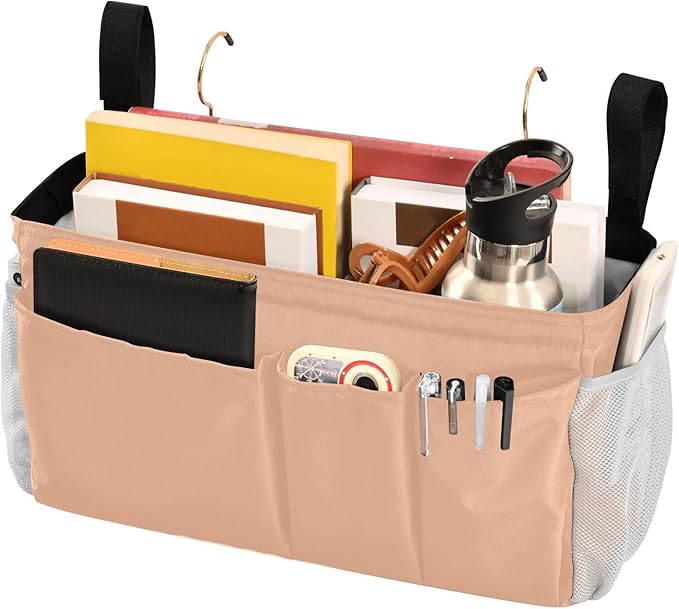 KOPIRIT Peach Orange Bedside Caddy Storage Bag Bedside Organizer for Headboards Bunk Beds Hanging Storage Organizer 6 Pockets with Hooks for Magazine Water Bottle Holder