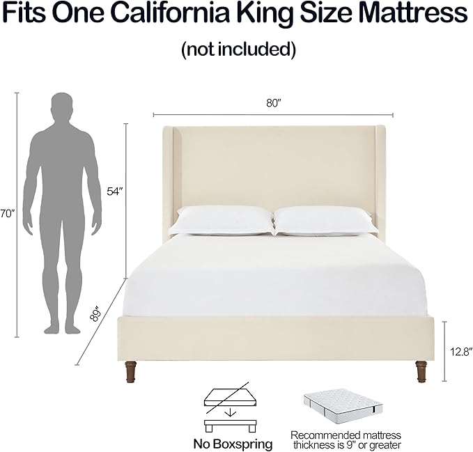 California King Size Upholstered Bed Frame, Platform Bed Frames with 54" Tall Headboard Wingback, Strong Wood Slats Support/No Box Spring Needed/Elegant Simplicity/No Noise, Beige Boucle
