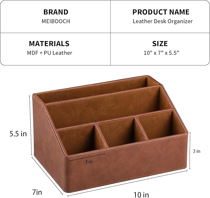MEIBOOCH PU Leather Desk Organizer, Luxury Remote Control Holder for Home, Office Desk Accessories Table Caddy Bedside Nightstand Organizer (Brown)