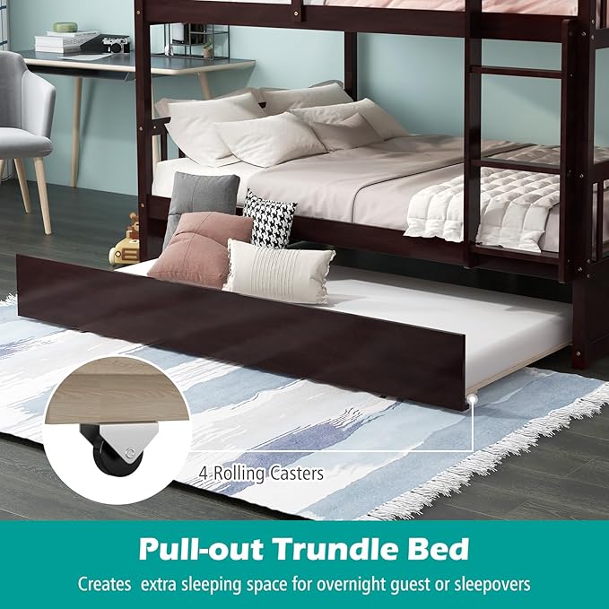 Giantex Full Over Full Bunk Bed with Trundle, Solid Wood Trundle Bed Frame w/Guardrails and Ladder, Convertible to 2 Beds, Full Size Bunk Beds for Adults Kids Teens, No Box Spring Needed,Espresso