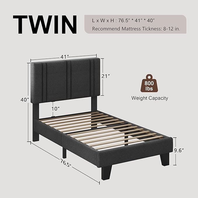 Upholstered Twin Size Bed Frame with Linen Fabric Headboard, Strong Wooden Slats Support, Noise Free, No Box Spring Needed, Dark Grey