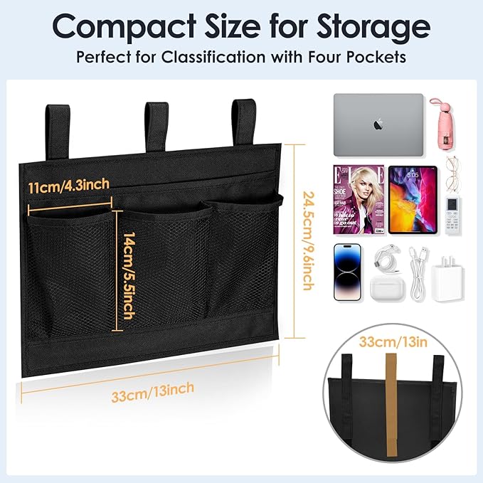 Bedside Caddy Storage Organizer, Hanging Storage Bag Pocket for Bunk/Hospital Beds,College Dorm Organizer for Remotes Phone,College Dorm,Camp,Bed Rails(4 Pockets),Black