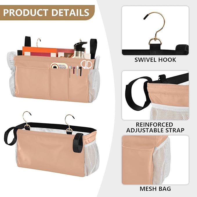 KOPIRIT Peach Orange Bedside Caddy Storage Bag Bedside Organizer for Headboards Bunk Beds Hanging Storage Organizer 6 Pockets with Hooks for Magazine Water Bottle Holder