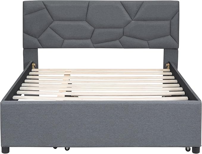 Full Size Bed Frame with Twin Size Trundle,Linen Upholstered Platform Bed Frame Full with Brick Pattern Headboard,Wood Slat Support Included,No Box Spring Needed,Easy Assembly,Gray