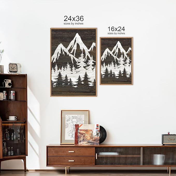 LHIUEM Large Mountain Tree Framed Canvas Wall Art Set,Modern White Forest Art Printing Country Minimalist Wood Wall Decor Farmhouse Zen Artwork for Living Room Bedroom Office-16 x24 x3