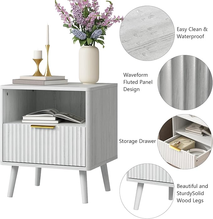 CARPETNAL Fluted Nightstand, White Bedside Table with Drawer and Storage Shelf, Wood End Table Mid Century Night Stands for Bedroom Living Room