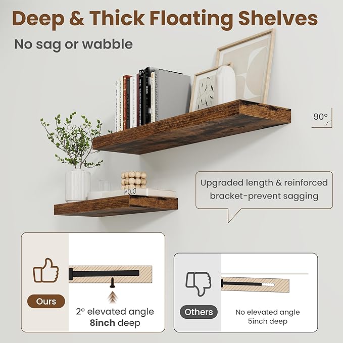 30 Inch Floating Shelves for Wall, 8 Inch Deep Floating Shelf for Storage & Display, Wall Mounted Shelf with Invisible Brackets for Living Room, Kitchen, Bathroom, Home Decor, Set of 2, Rustic Brown