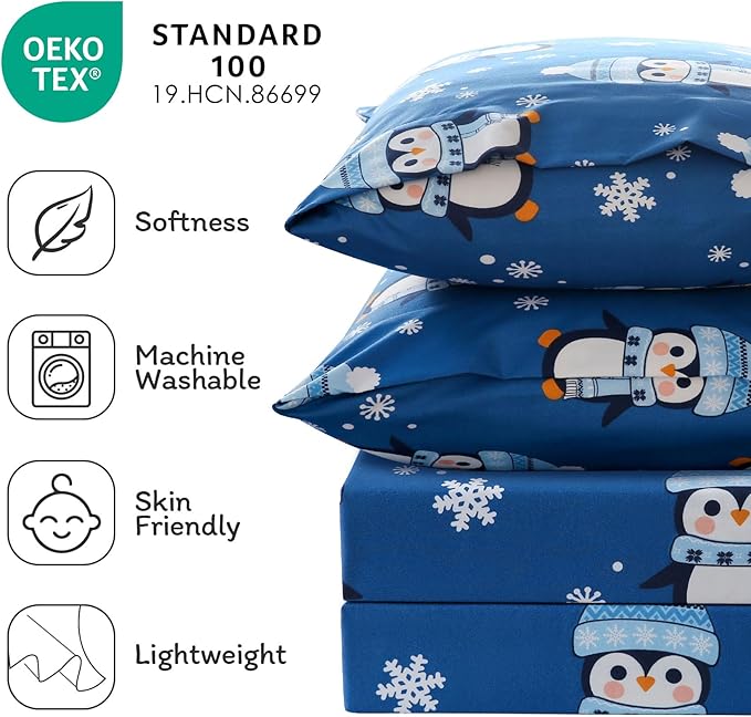 JSD Penguin Snowflakes Kids Christmas Sheet Set Full Size, 4 Piece Blue Printed Microfiber Sheets Deep Pocket
