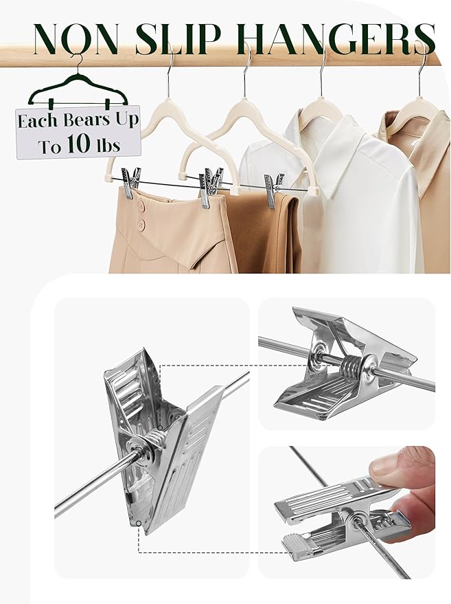 Cozymood Velvet Skirt Hangers - Pack of 24 - Velvet Hangers with Clips Ultra Thin Non Slip Velvet Pants Hangers Space Saving Clothes Hanger for Trouser, Skirts, Jeans, Dress (Beige)