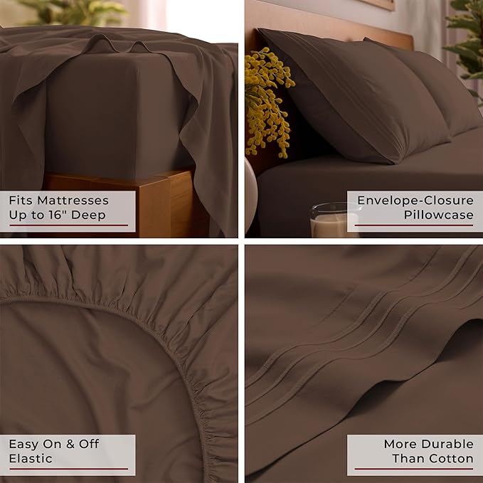 Mellanni California King Sheet Set - 6-Piece Iconic Collection Bedding, (Including 4 Pillowcases), 16-Inch Deep Pocket, Easy Care, Extra Soft, Cooling Sheets, Brushed Microfiber - Brown