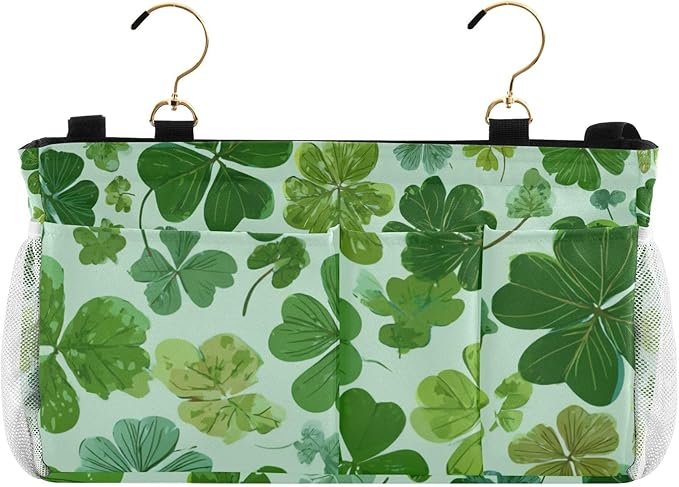 Bedside Caddy Hanging Bunk Bed Caddy Bed Organizer Hanging Pocket with 2 Hooks Bedside Storage Organizer Pocket Bag Holder Green Nature St Patrick Clovers