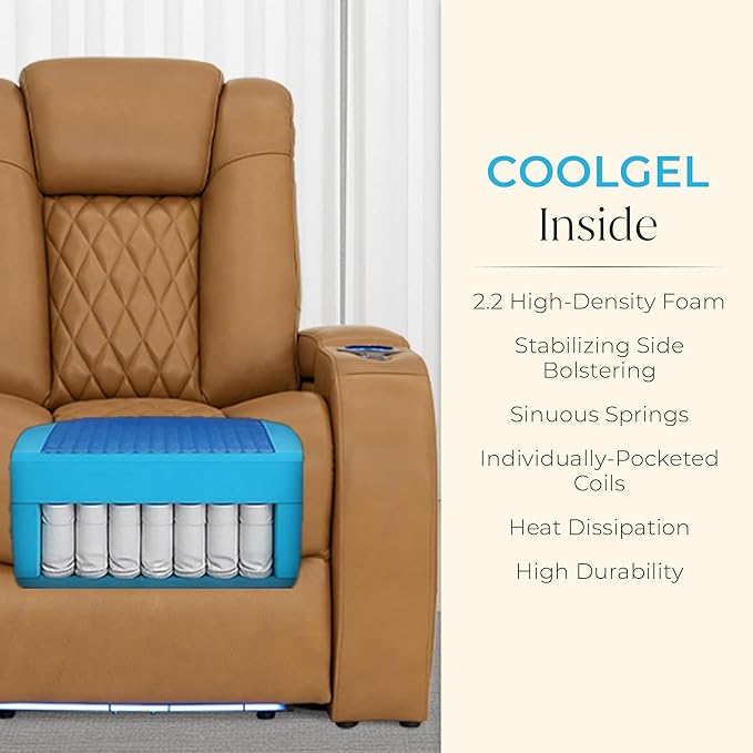 Seatcraft Diamante Zero-Gravity CoolZero Italian Leather Home Theater Seating, Power Headrest, Power Recline, Row of 5 Left Loveseat, Tan Oak