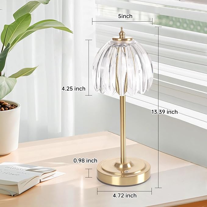 Tulip Table Lamp with 5000mAh Battery & Touch Control, Cordless Small Table Lamp with 3 Colors, Dimmable Rechargeable Table Lamps for Living Room, Bedroom, Desk, Bedside (Transparent Tulip)