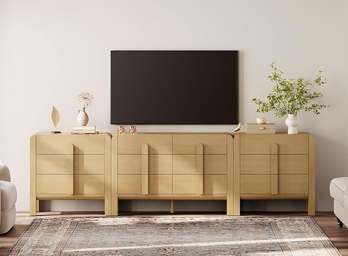 WAMPAT 3 Piece Bedroom Dresser Set, 110.2" Wide Mid Century Modern Chest of Drawers with Curved Handles, Dresser TV Stand with 12 Drawers, Wood Drawer Organizer for Bedroom, Oak