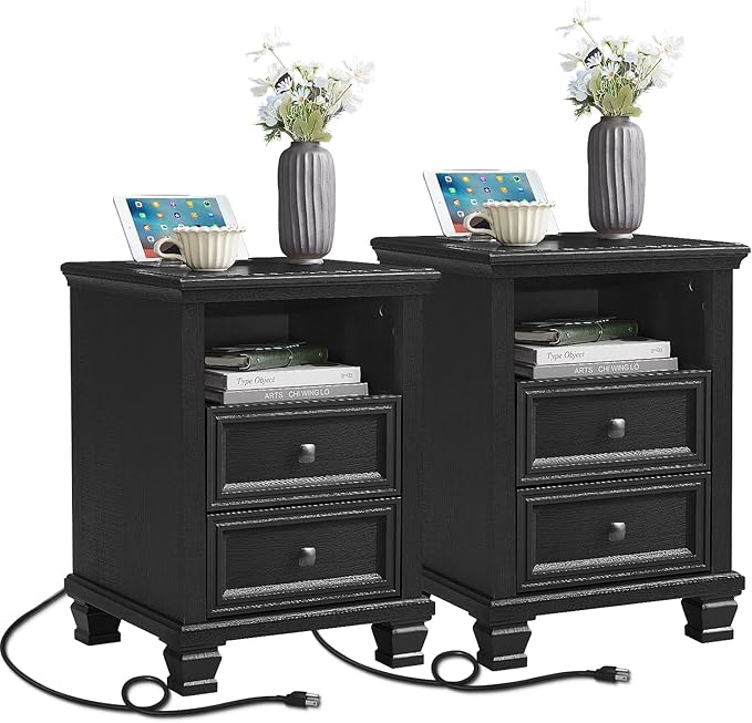 SAVOR LIFE Farmhouse Nightstand Set of 2 with Charging Station, Rustic Black Nightstand,2 Drawers End Table for Living Room,Bedside Table with Open Shelf for Bed Room,Black