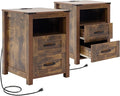 Puntogen Brown Night Stand Set of 2, Rustic End Table with Charging Station, Farmhouse Tall Nightstand for Bedroom, Drawer Dresser Bedside Table with Open Storage Shelf