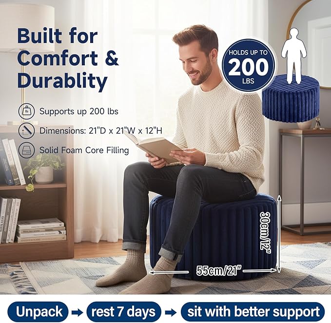 Tiita Round Stuffed Pouf Ottoman, Stripe Faux Fur Poufs with Foam Chunk Filling, Furry and Fluffy Pouf 21×21×12 inch Foot Stool Storage Ottoman,Puff Office Foot Rest for Couch Living Room, Navy Blue