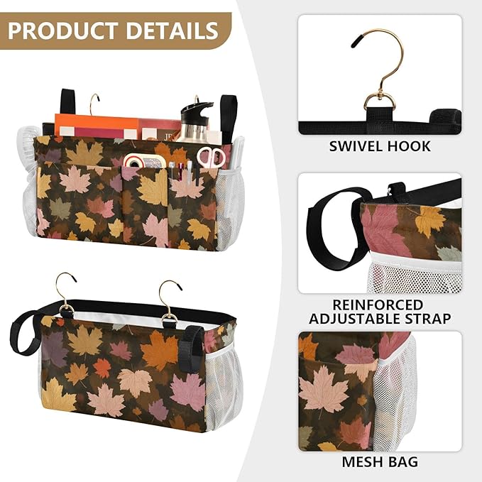 Bedside Caddy Hanging Bunk Bed Caddy Bed Organizer Hanging Pocket with 2 Hooks Bedside Storage Organizer Pocket Bag Holder Various Maple Leaves