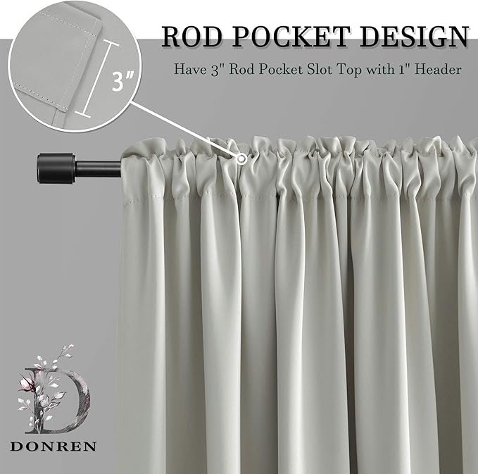 DONREN Patio Blackout Curtain Shades - Home Decoration Thermal Insulated Rod Pocket Blackout Draperies/Drapes for Kitchen (2 Panels, 60 inches x 96 inches, Light Grey)