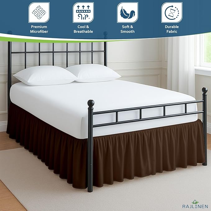 Rajlinen Ruffled Bed Skirt King, 16 Inch Drop Dust Ruffle with Split Corners, 100% Microfiber Bedskirt with Platform, Three-Sided Coverage Ruffled Gathering Design, Chocolate