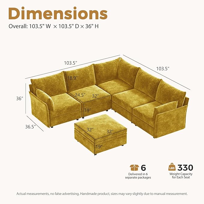 ABCASA 103.5" Oversized Modular Sectional Sofa, L Shaped Convertible Couch with Movable Ottoman, Large 6 Seat Corner Couches for Living Room Deep Seat- Yellow Chenille