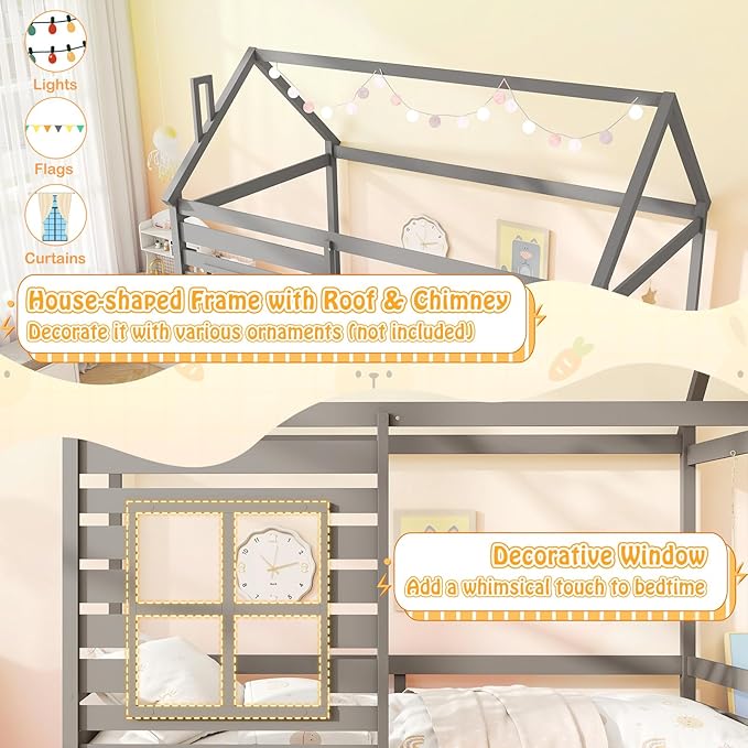 Giantex Twin House Bed with Trundle Bed, Wooden Twin Bed Frames with Roof, Chimney & Window, Montessori House Bed with Safety Guardrails for Kids, Boys, Girls, Teens (Grey)