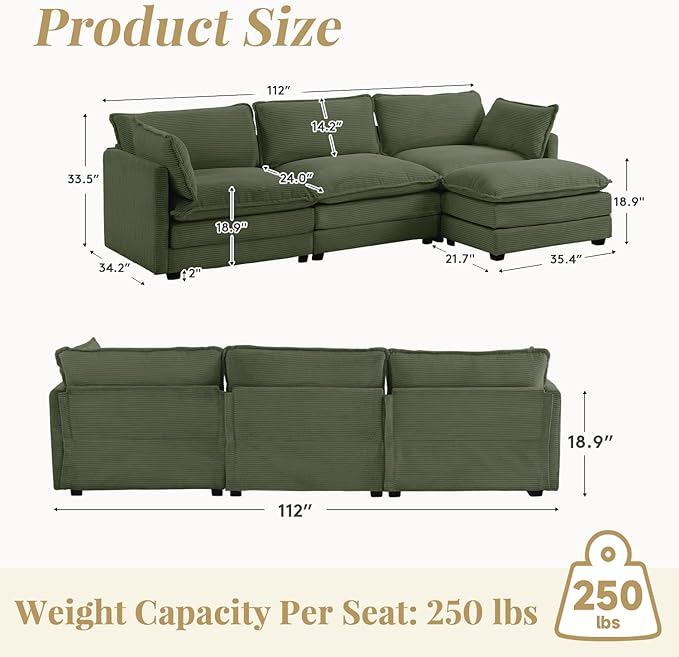 112'' Sectional Modular Cloud Couch, Oversized L Shaped 3 Seat Sofa with Movable Ottomans, 2 Throw Pillows, Upholstered Corduroy L Shape Comfy Deep Couches for Living Room and Office, Green