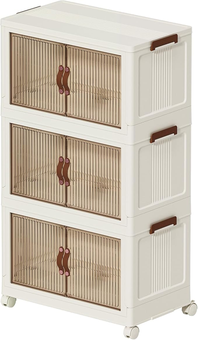 130 QT Large Plastic Storage Bins with Lids Open Front, Stackable Storage Containers with Wheels for Clothes, Home, Room, White, 3 Tiers