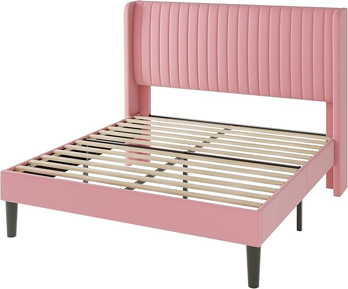 Allewie Queen Size Velvet Bed Frame/Vertical Channel Tufted Wingback Headboard/Upholstered Platform Bed/Strong Wooden Slats/No Box Spring Needed/Easy Assembly/Pink