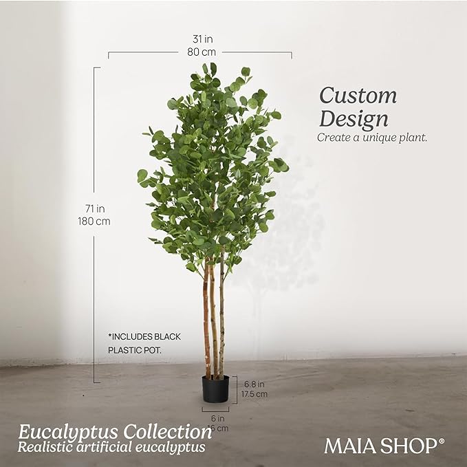 Maia Shop 5ft 11in Artificial Eucalyptus Tree Plant for House, Apartment or Office – Realistic Fake Indoor Plants for Living Room, Kitchen, Bedroom, Entryway or Bathroom – Faux Greenery for Home Décor