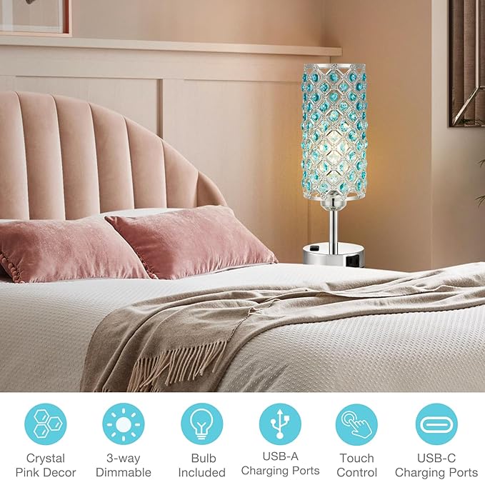 Hong-in Blue Crystal Lamp Touch Control Set of 2, Crystal Table Lamps with USB C+A Ports & AC Outlet, 3-Way Dimmable Nightstand Touch Lamp, Modern Bedside Table Lamp for Bedroom(Bulbs Included)