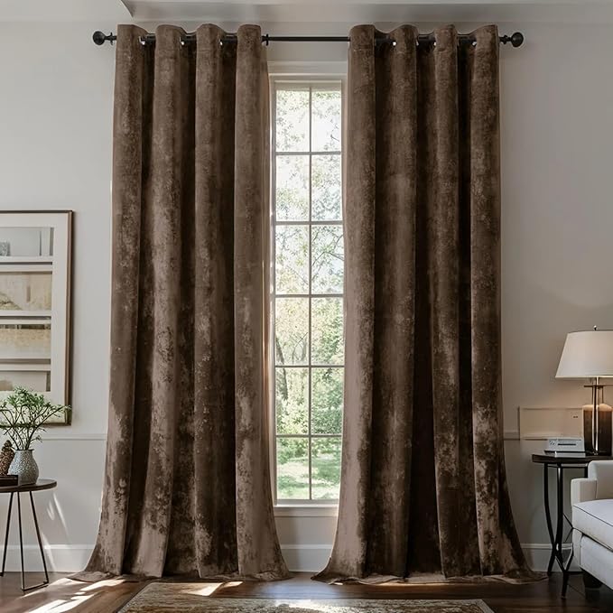 SMILETIME Chocolate Crushed Velvet Curtains 52x90 inch Luxurious Thermal Insulated Soundproof Drapes for Living Room Bedroom Office Soft and Durable Light-Filtering Window Treatments, 2 Panels