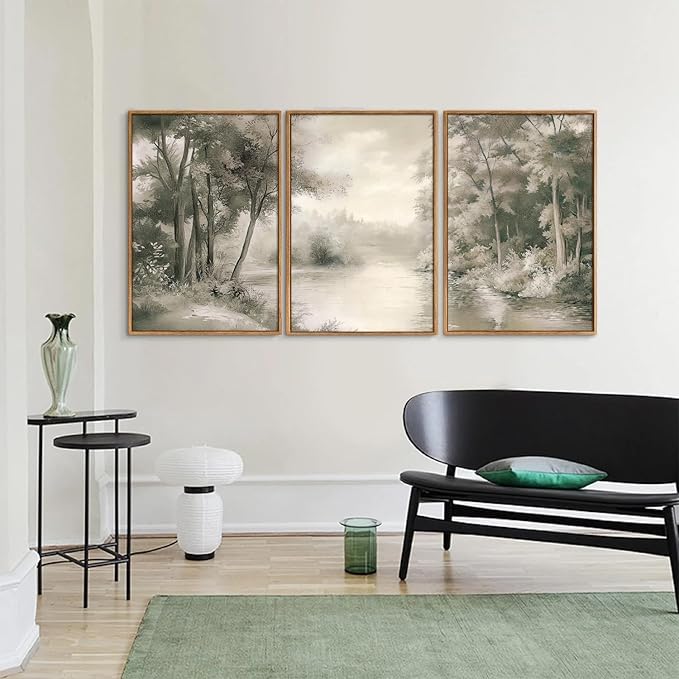 Yeehomedec Vintage Nature Landscape Framed Canvas Wall Art Set, Rustic Misty Forest Sketch Wall Decor, Neutral Wooden Trees Art Print, Retro Foggy Scenery Artwork for Living Room Bedroom Office 16"x24"x3