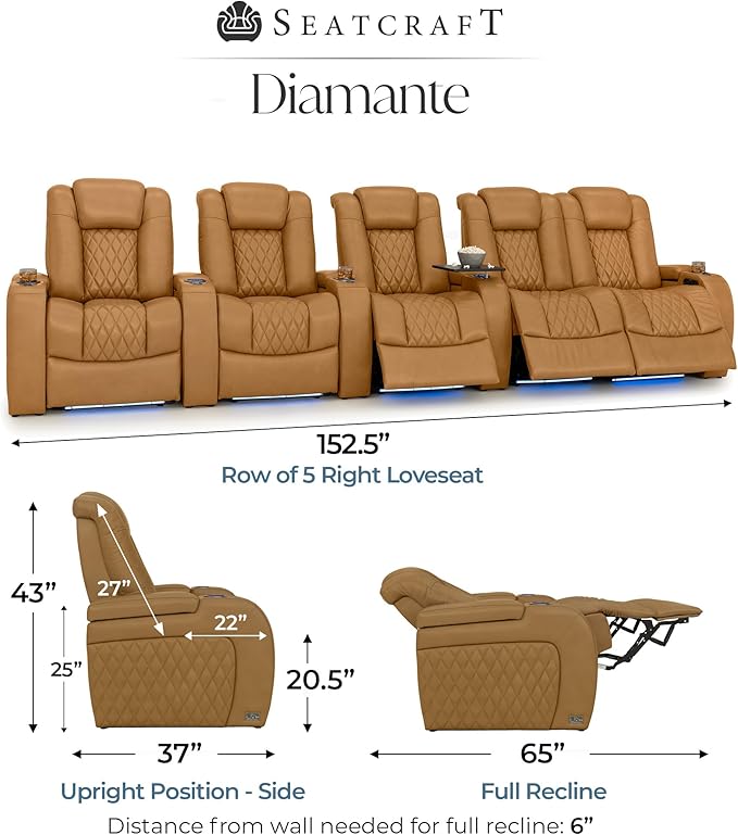 Seatcraft Diamante Zero-Gravity CoolZero Italian Leather Home Theater Seating, Power Headrest, Power Recline, Row of 5 Right Loveseat, Tan Oak