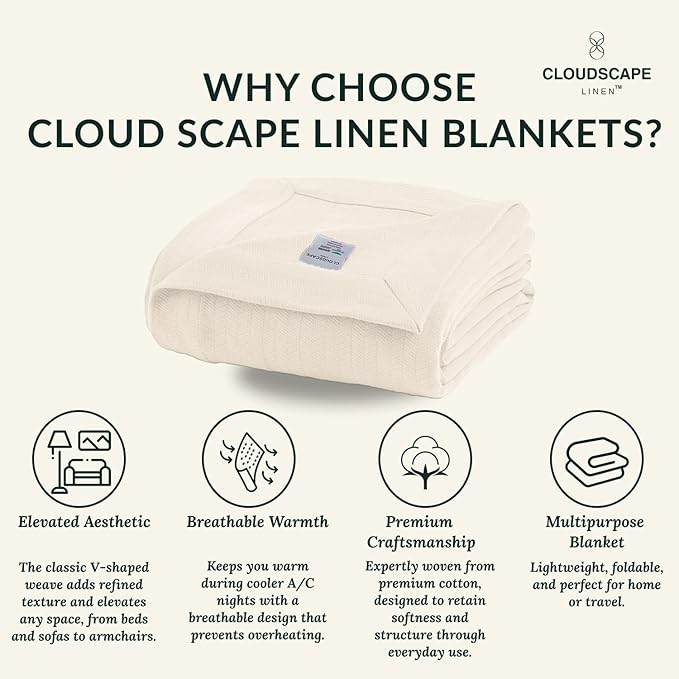Cloud Scape Linen 100% Cotton Blanket King 92x108 Ivory - Cozy Herringbone Weave, Fits Up to Cal King Beds, Breathable Softness, All-Season Warmth, Heavy Layering Winter Blanket