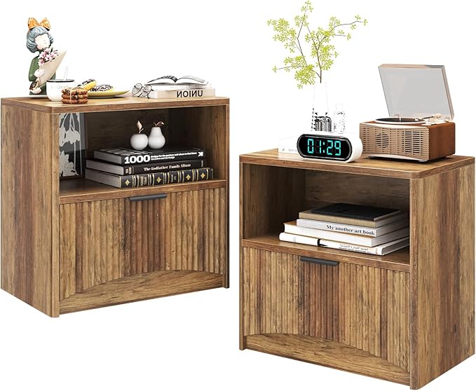 Fluted Nightstand Set of 2, MCM Mid Century Modern Bedside Tables with Drawer and Open Shelf, Minimalist Wood Bedside Table Fluted End Tables for Bedroom, Walnut