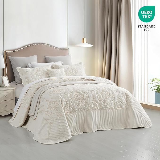 CHIXIN Bedspread Coverlet Quilt Set Full Size - Lightweight Bedding Cover - Beautiful Stitching - 5 Piece Reversible Bedspread - Gorgeous Damask Paisley Pattern (Full, Ivory-Yellow)