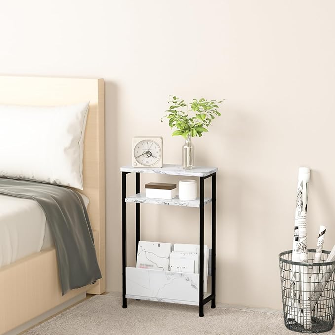 THUMEYE 7.1" Narrow Side Table for Small Spaces, 3 Tier Small End Table with Magazine Holder, Slim/Skinny Nightstand/Bedside Table for Living Room, Bedroom, 15.4" L x 24.2" H, Faux White Marble